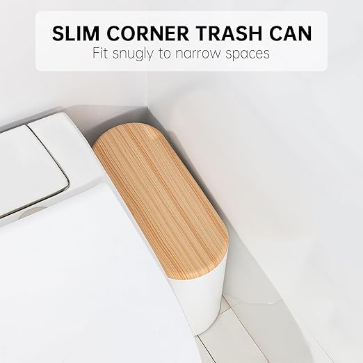 Small Bathroom Trash Can with Lid 10L/2.6 Gal Slim Wastebasket - Odor &amp Pet Proof Inner Bucket &amp Wood Grain Top Plastic White Garbage Can for Kitchen Bedroom Living Room Office RV