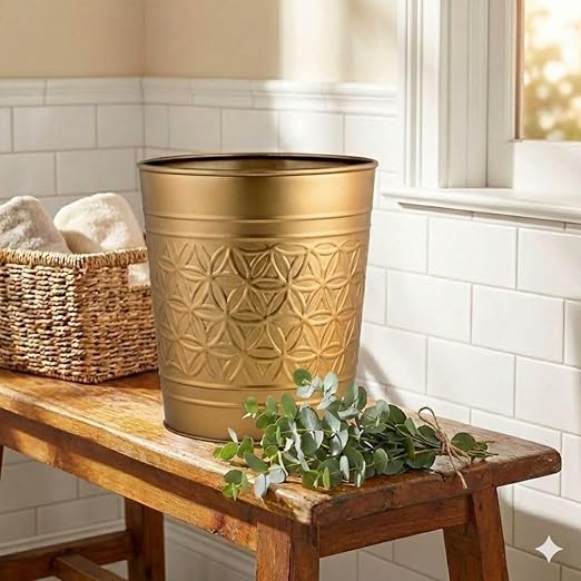 Autumn Alley Antique Gold Trash Can Hand Crafted Bin Round Bathroom Trash Can Open-Top Gold Garbage Can for Bedroom Home Office - Modern Waste Basket Stylish Metal Modern Bathroom Décor