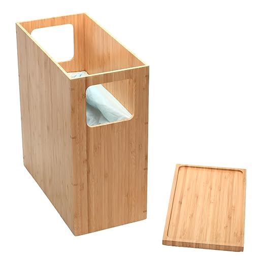 MobileVision Bamboo Slim Trash Can with Lid Waste Basket for Bathroom Bedroom Office Vanity Salon or Spa Small Spaces Rectangle Bag Liners Included