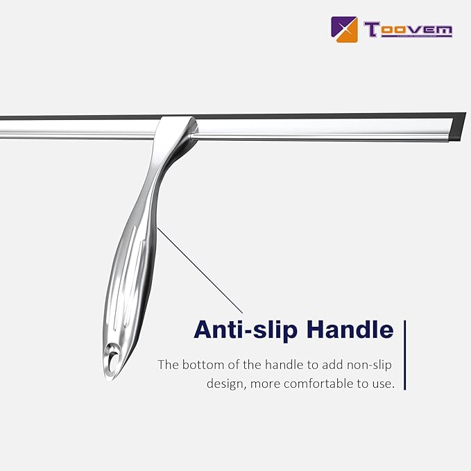 TOOVEM 14 Inch Shower Squeegee for Glass Doors Window Bathroom Car Windshield Shower Cleaning Tools with S Hook Square Sticky Hook (Silver)