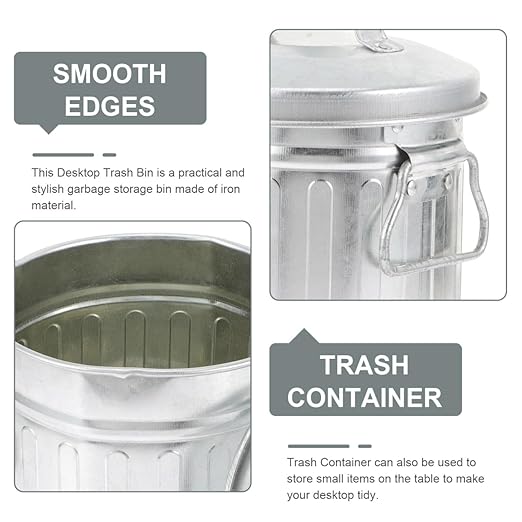 Zerodeko Trash CanCute Traditional Mini Metal Trashcan On The Desktop Decorative Galvanized Bucket Multifunctional Organizer &amp Flower Pot for Home Office Bathroom and Cabin (Silver 5.1 x 7