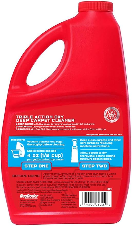 Rug Doctor Triple Action Oxy Deep Carpet Cleaner 48 oz. Deep Cleans Deodorizes &amp Protects Concentrated Professional-Grade 3X Action Formula