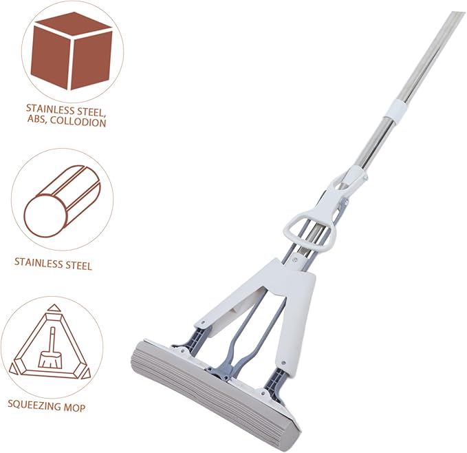 28cm Folding Sponge Mop for Wet and Dry Cleaning Easy Squeeze Household Mop for Tile and Laminate Floors Absorbent Foam Head