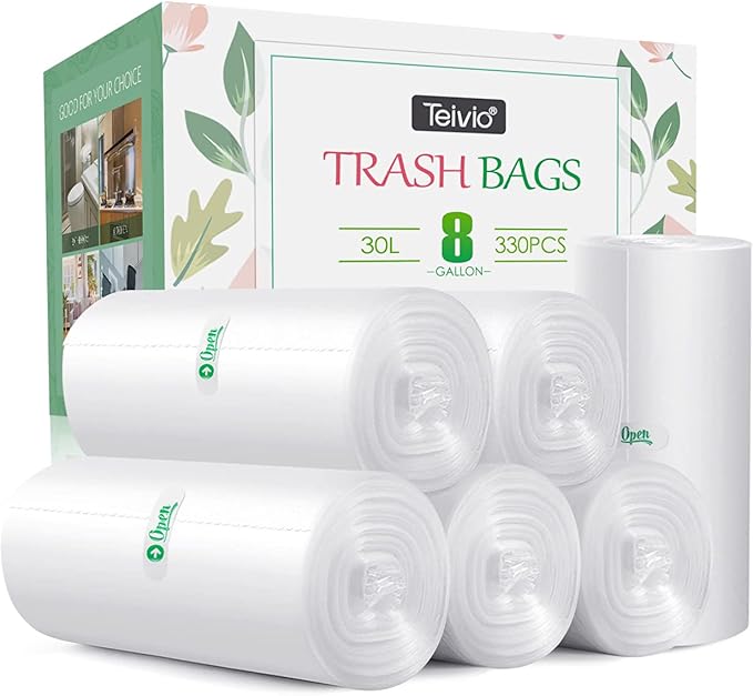 8 Gallon 330 Counts Unscented Medium Trash BagsFit 78910 Gal Garbage Bags by Teivio 30 Liter Thick Bathroom Can Bin LinersPlastic Bags for Home Office Kitchen Clear