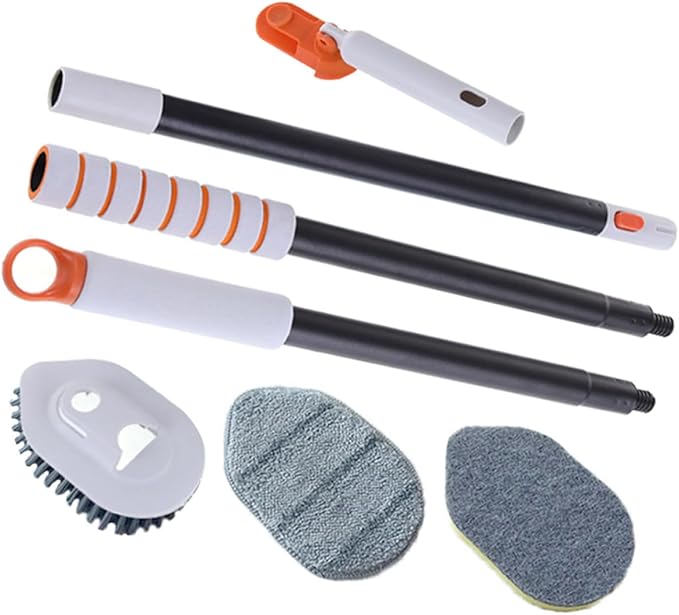 Floor Scrub Brush with Extendable Handle 4-in-1 Multifunctional Grout and Tile Cleaning Brush Set for Bathroom and Floor Tiles Hard Bristle Replacement Heads with Microfiber Cloth