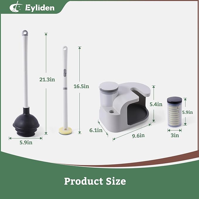 Eyliden Disposable Toilet Brush and Plunger Combo | 2-in-1 Toilet Bowl Wand Kit - 10 Count Pre-Soaked Refill Heads 3-Step Plunger Storage Holder - Compact Toilet Cleaning System (White)