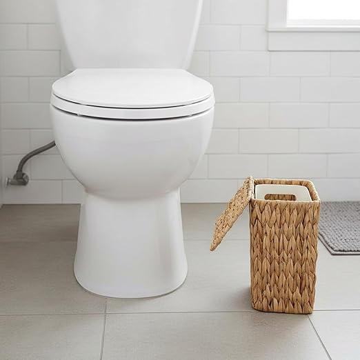 Wicker Waste Basket with Lid Water Hyacinth Handwoven Garbage Can Small Bathroom Trash Can Boho Rattan Wastebasket with Removable Liner for Bedroom Home Living Room Office Kitchen