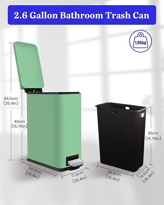 Bathroom Trash Can with Lid 10 Liter / 2.6 Gallon Trash Can with Removable Liner Bucket Soft Close lid &amp Step Pedal Stainless Steel Garbage Can for BathroomBedroomHome Office Green