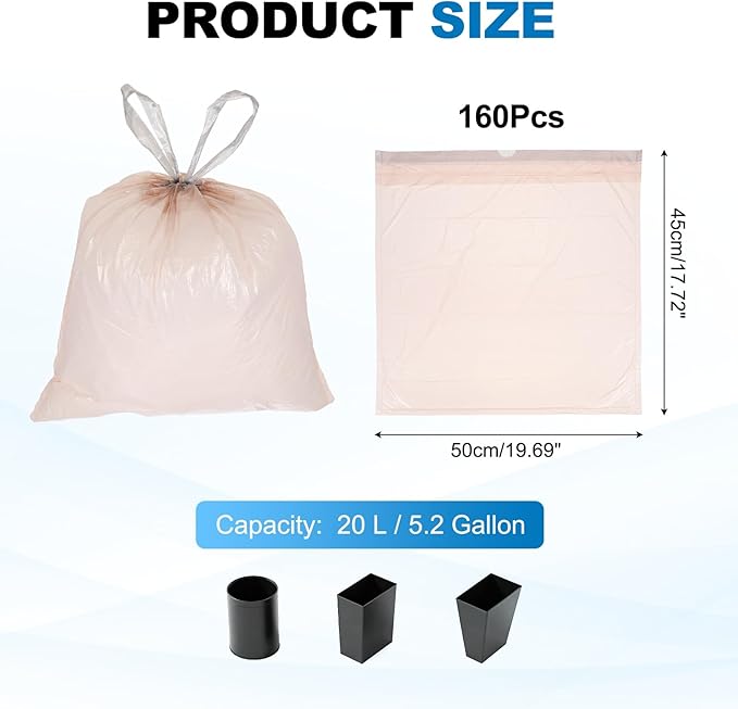 uxcell 160 Count Trash Bags with Drawstring 5.2 Gallon Garbage Bags Unscented Bathroom Trash Can Bin Liners Tear-Free Design for Home Office Kitchen Living Room Bedroom Car Pink