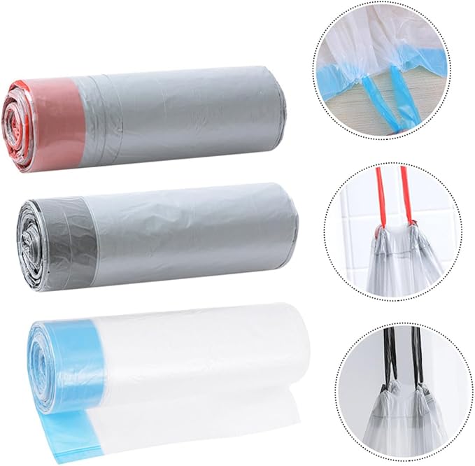 Portable Drawstring Trash Bags 90pcs Disposable Rubbish Bags with Handles Gray and White for Kitchen and Household Waste Disposal Random Color