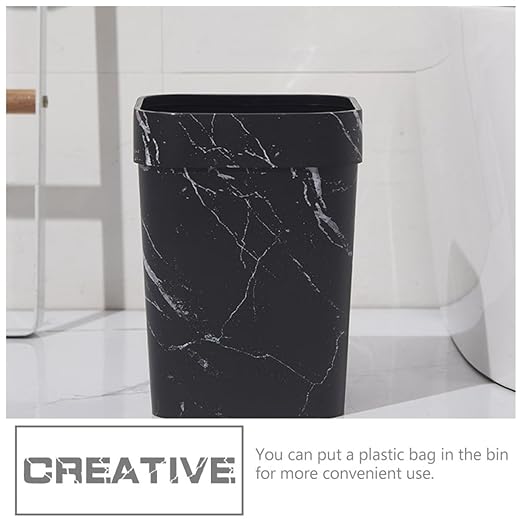 Marble Pattern Square Wastebasket 12L Plastic Garbage Bin with Lid Black Bathroom Trash Can for Residential and Hospitality Use
