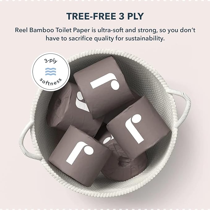 Reel Premium Bulk Bamboo Toilet Paper - 48 Rolls of Toilet Paper - 3-Ply Made From Tree-Free - Zero Plastic Packaging Septic Safe