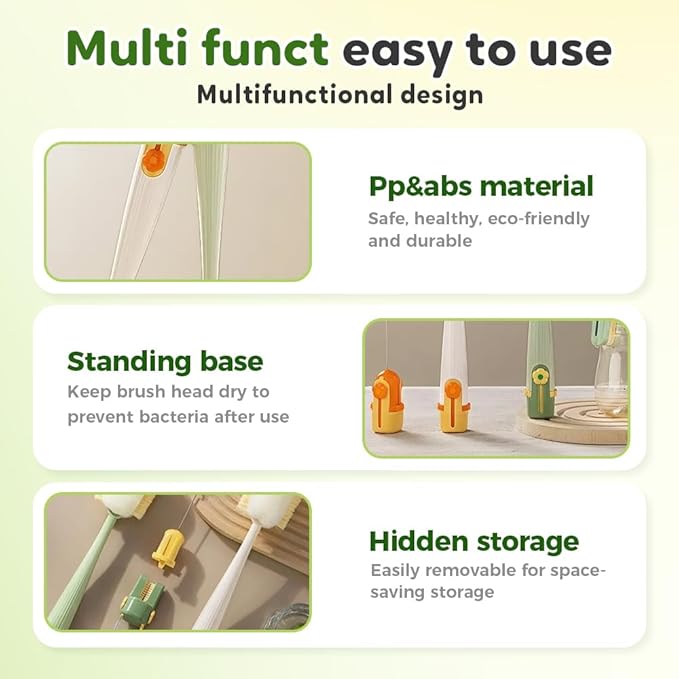 5-in-1 Bottle Cleaning Brush Set Multifunctional Household Cleaning Kit with Long Flexible Scrubberfor Narrow Mugs Stainless Steel Cups Baby Bottles and Tumbler (Green+White 2 pcs)