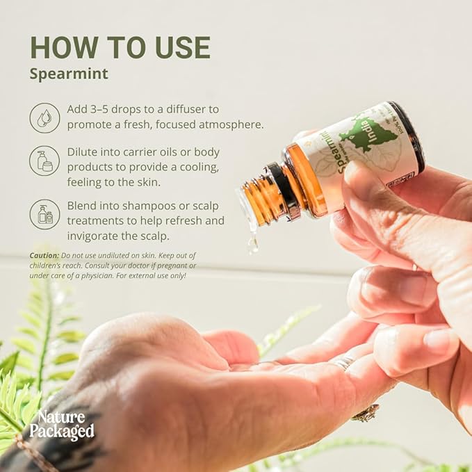 Spearmint Essential Oil - Direct from Essential Oils India - Steam Distilled - Aceite Esencial de Menta Verde for Aromatherapy Massage Diffuser DIY Candle and Soap Making - 8oz