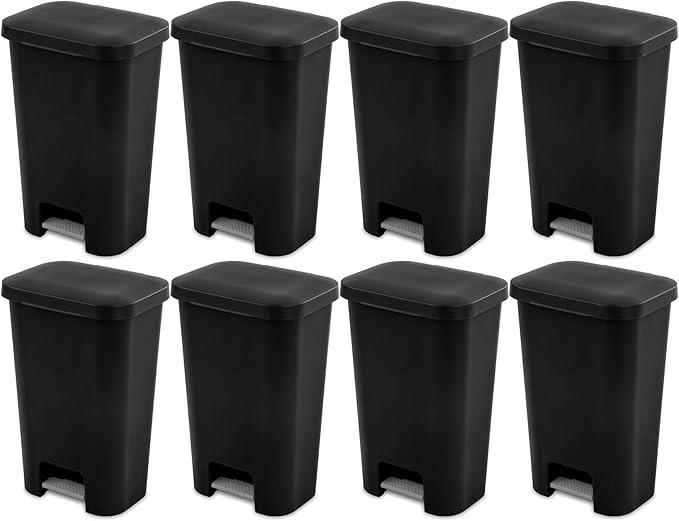 Sterilite 11.9 Gallon Rectangular Step On Kitchen Plastic Indoor Wastebasket with Wide Opening Lid and Comfort Handle for Home Black (8 Pack)