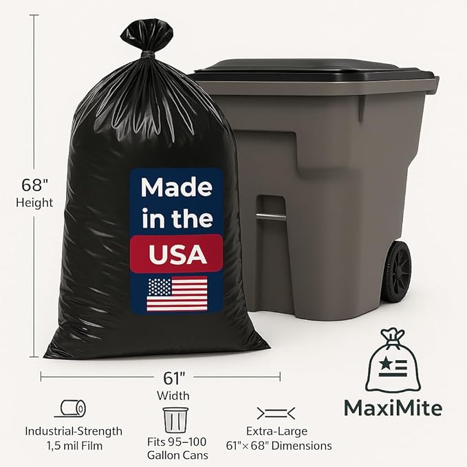 95-96 Gallon Extra-Large Black Garbage Can Liners Heavy-Duty Trash Bags 75 Bags 1.5 Mil Thick Ideal for Commercial &amp Home Use