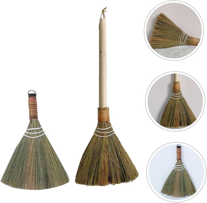 2pcs Handmade Woven Brooms with Long Handles Natural Soft Straw Dust Cleaning Brush for Kitchen Floor and Tabletop Cleaning Supplies