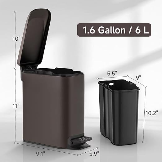 TIPGO Slim Bathroom Trash Can with Lid Soft Close Step Pedal 6 Liter / 1.6 Gallon Stainless Steel Trash Bin Small Garbage Cans for Bedroom Office Kitchen (Brown)