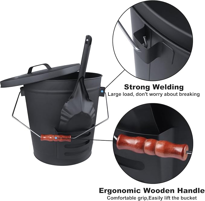 Ash Bucket with Lid and Shovel Hand Broom 5.15 Gallon Large Galvanized Iron Metal Fireplace Tools Ash Pail for Fire Places Fire Pits Wood Burning Stoves Hearth Accessories Indoor Outdoor Black