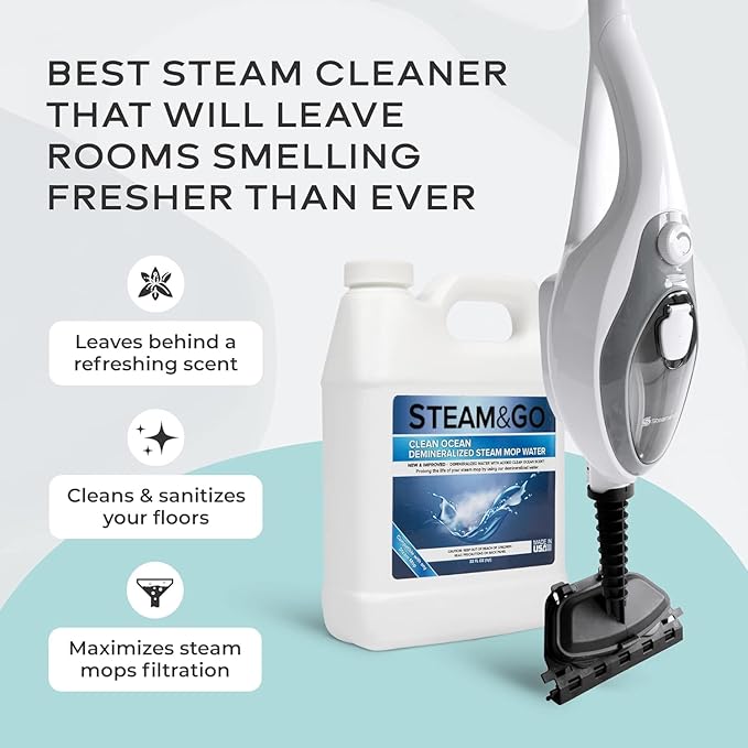 Steam &amp Go - The Housekeeper Steam Cleaner For Floors &amp Demineralized Water Bundle 10-in-1 Hard Floor Cleaner Machine &amp Grout Steam Cleaner with Floor Cleaning Solution Clean Ocean 32 o