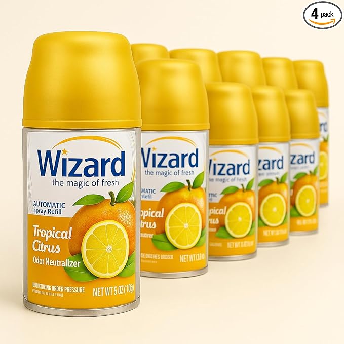 Wizard Automatic Spray Refill – Tropical Citrus 5 oz (12 Pack) | Compatible with Air Wick Freshmatic &amp Glade Dispensers | Long Lasting Odor Neutralizer for Home &amp Office
