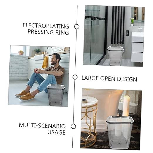 Large Transparent Plastic Garbage Can with Electroplated Press Ring Sturdy PP Bathroom Trash Bucket for Home Kitchen Office Living Wastebasket with Wide Opening
