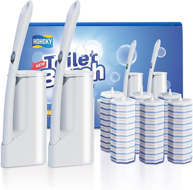 Disposable Toilet Brush Cleaning System Two Sets of Wands and 60p Refills Pads Replacement Heads Wall Mounted Toliet Stick Wand Starter Kit Bathroom Maintenance Toilet Bowl Cleaner Holder