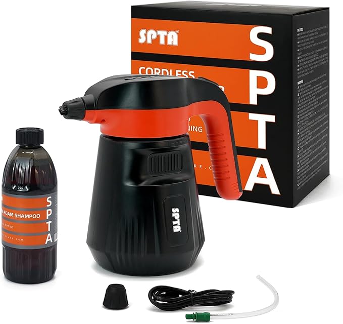 SPTA Pressure Foam Sprayer 2.25L/76 oz Electric Pressurized Soap Sprayer Car Foam Sprayer Cordless Pump Sprayer Car Wash Pressure Washer Foamer with 500ML Shampoo for Detailing