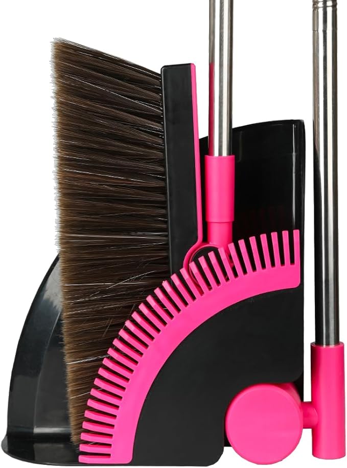 Triangular Indoor Broom and Dustpan Comb Set 180° Rotating Soft Bristle Long Handle Upright Sweeping Angled Broom with Self-Cleaning Teeth for Home Kitchen Office Wood Floor (Black Pink)