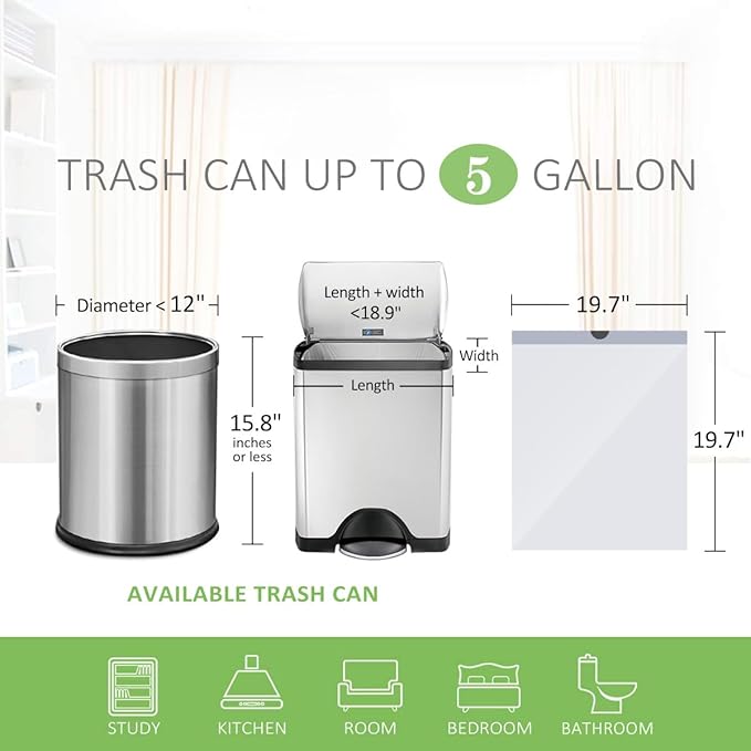 5 Gallon 220pcs Strong Drawstring Trash Bags Garbage Bags by Teivio Bathroom Trash Can Bin Liners Small Plastic Bags for home office kitchen White