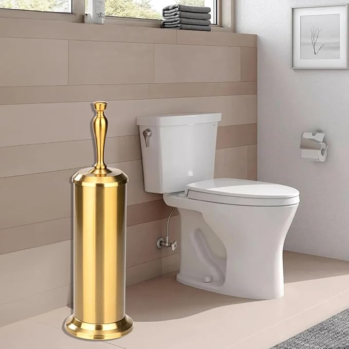 J&ampV TEXTILES Toilet Brush Toilet Bowl Brush with Extra Long Handle Durable Bristles Toilet Scrubber and Covered Holder for Toilet Brush Set for Bathroom Cleaning (Aged Brass)