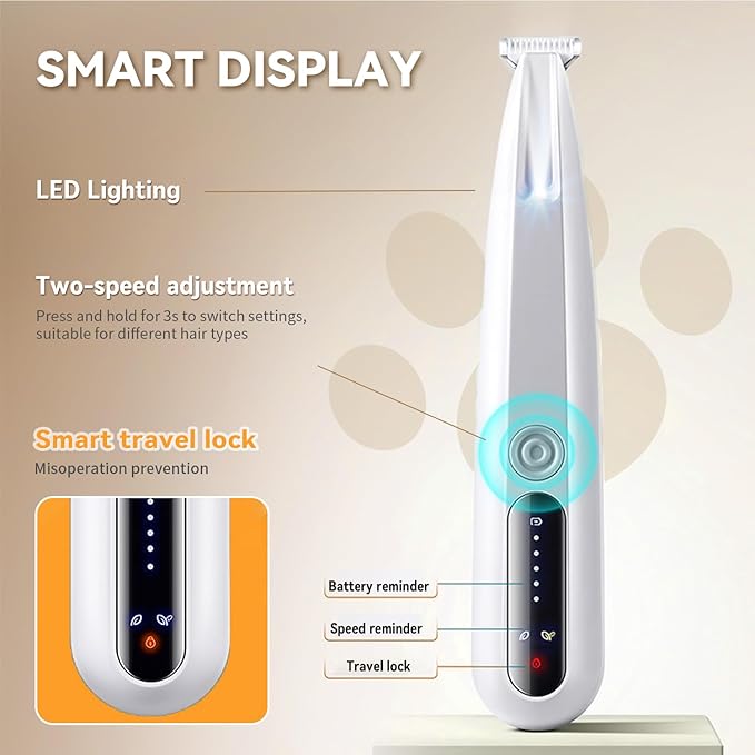 2026 New Pet Precision Trimmer Dog Paw Trimmer with LED Light Low Noise IP68 Waterproof Dual-Speed Motor Suit for Trimming Paw Ear Face Butt Eyebrows USB Rechageble