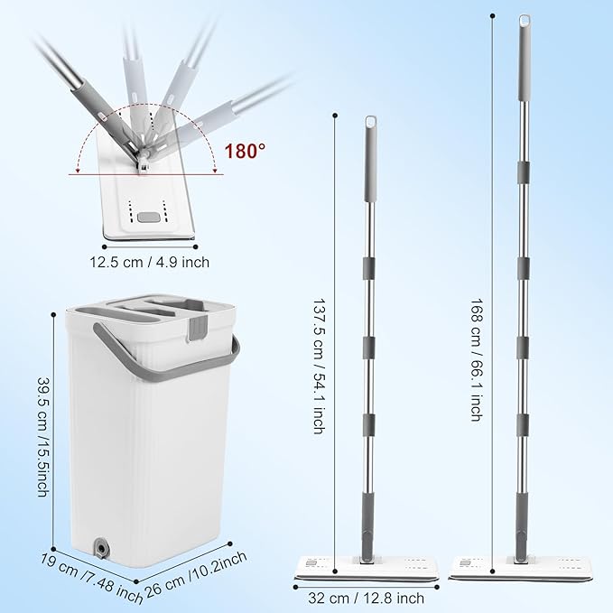 Flat Mop and Bucket with Wringer Set Hands-Free Floor Mop and Bucket with 3 Reusable Washable Microfiber Pads and 66 Stainless Steel Handle Wet and Dry Use for Home Floor Cleaning