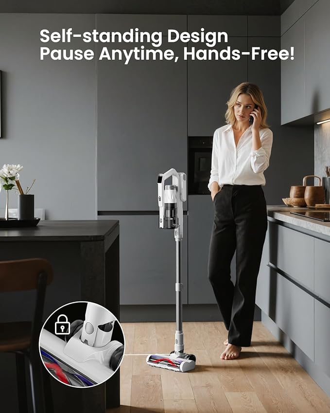 Cordless Vacuum Cleaner for Home Upgraded 60Kpa Powerful Suction Pet Hair Vacuum with 70min Runtime Green LED Light for Hardwood Floors &amp Carpet Self-Standing Rechargeable Stick Vacuum Off-whi
