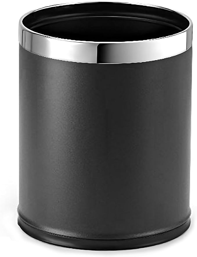 'Invisi-Overlap' Metal Trash Can Open Top Small Office Wastebasket Round Shape (Black)