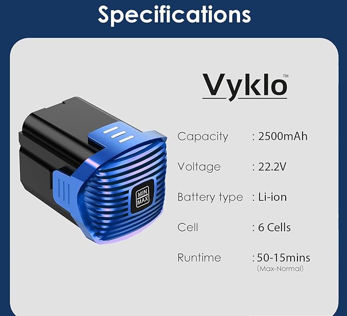V-B8 Vacuum Replacement Rechargeable Battery 2500mAh 22.2V 55.5Wh Lithium Ion Cordless Vacuum Cleaner Lightweight Stick Up to 50 Min Runtime Blue (NOT for V-S12)
