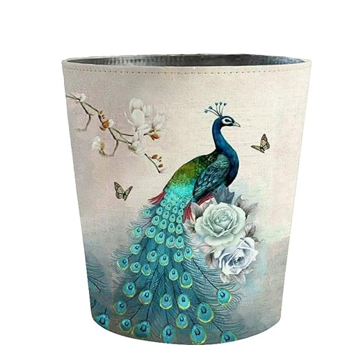 10L/2.64 Gallon PU Leather Trash Can Peacock Decorative Waterproof Wastebasket Paper Basket Garbage Bin for Home Office Bathroom Peacock Pattern