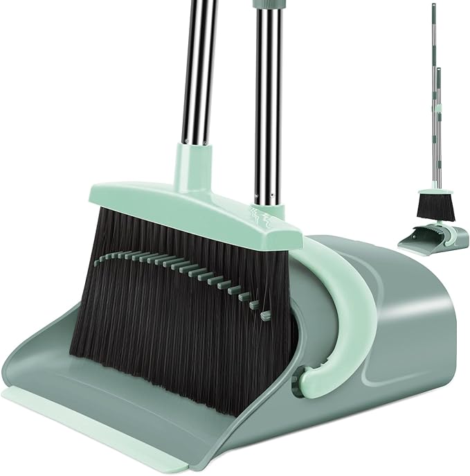 Broom and Dustpan Set for Home Dust pan with Long Handle Broom with Dustpan Combo Set for Home Kitchen Room Office Lobby Floor Use Upright Stand Up Sweeping (Gray&ampGreen)
