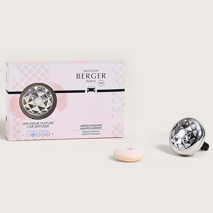 Maison Berger Car Diffuser Set – Refillable Vent Clip Ceramic Refill Made in France - Luxury Auto Scent - 4-Week Diffusion - Elegant Air Freshener for All Car Vents (Joy Agave Garden)
