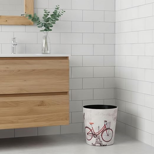 PU Leather Small Trash Can Wastebasket Round Garbage Container Basket for Bathrooms Laundry Room Kitchens Offices Kids Rooms BedroomsDormsHome Decorative Art Bin 2.9 Gallon(Bicycle)