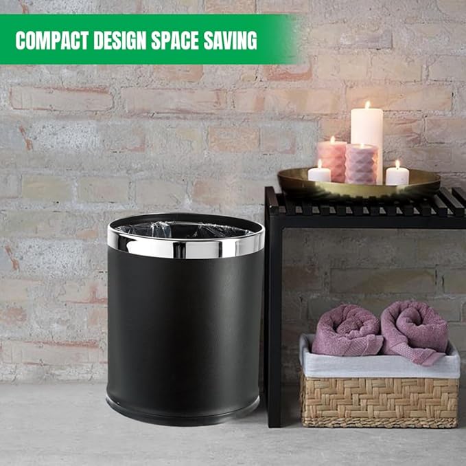 'Invisi-Overlap' Open top Leatherette Trash Can Small Office Wastebasket Modern Home Décor Round Shape (Black)