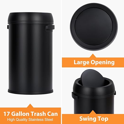 GarveeHome 17 gal/65 L Swing Top Trash Can Stainless Steel Rubbish Bin Commercial Grade Waste Container Round Garbage Can for Outdoor Home Office Restaurant Black