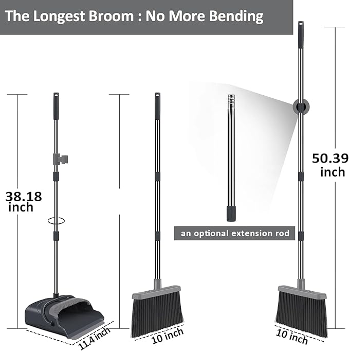 kelamayi Broom and Dustpan Set for Home Office Indoor&ampOutdoor Sweeping Stand Up Broom and Dustpan (Black&ampGray)