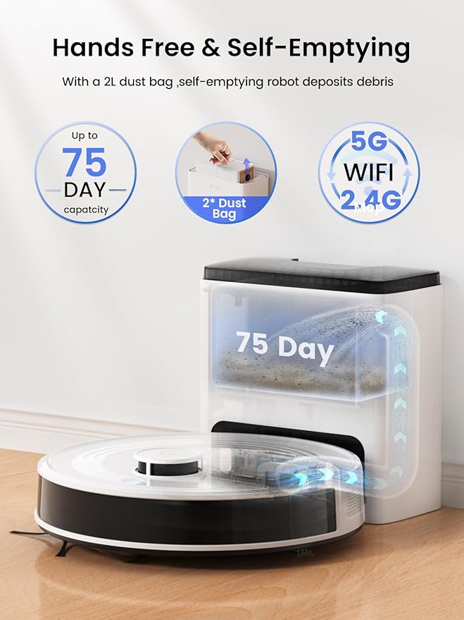 Lefant LiDAR Robot Vacuum and Mop75-Day Self-Emptying6000Pa Powerful SuctionCustomized CleaningHome Mapping 140 Min Runtime Roller Brush for Carpet2.4G/5G WiFi/Alexa/APP/iWatchM2 Plus