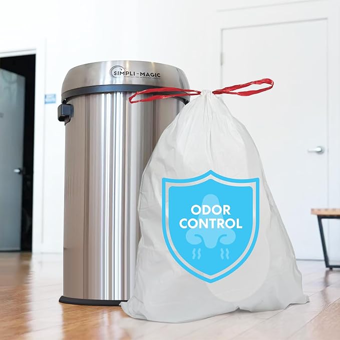 Simpli-Magic 17 Gallon Drawstring Trash Bags Code C 120 Pack – Tall Kitchen Garbage Bags Custom Made with Premium Materials (White)