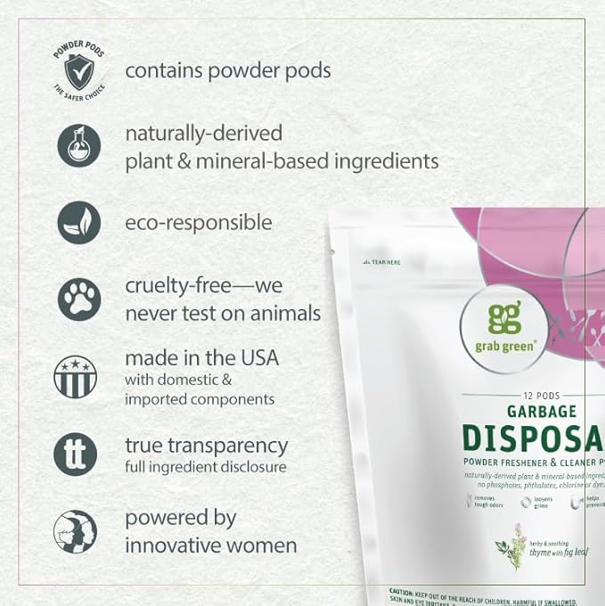 Grab Green Garbage Disposal Freshener and Cleaner Pods 48 Count Thyme Fig Leaf Scent Plant and Mineral Based Removes Odors Loosens Grime Prevents Clogging