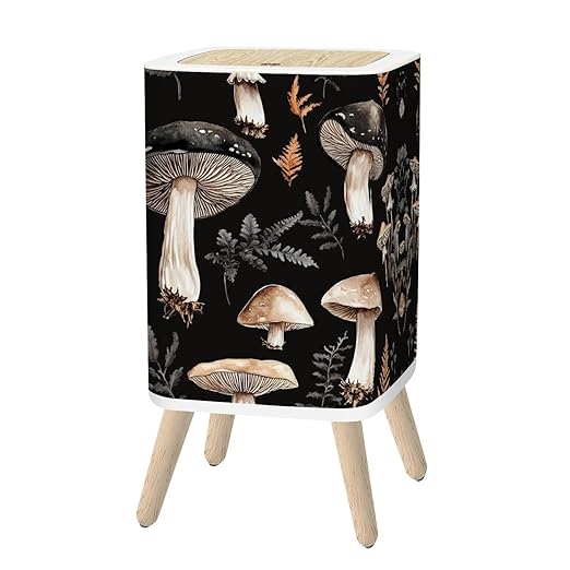 Small Trash Can with Lid Mushroom Seamless Boho Black Brown Mushroom Forest Vintage Mushrooms 2.6 Gallon/10L Garbage Can Waste Bin with Pop-Up Lid Wood Legs Wastebasket for Bathroom Kitchen Bedroom
