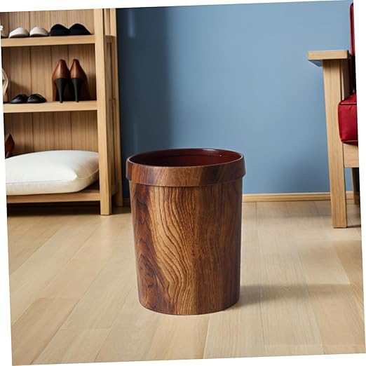 Vintage Woodgraining Container Plastic Trash Can with Pressure Ring for Living Bedroom Classic Solid Wood Pattern Bin Material Waste Basket
