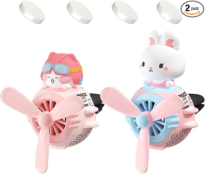 2 Pieces Car Air Fresheners Cute Rabbit and Cat Pilot Car Diffuser Propeller Air Outlet Vent Fresheners Suitable for Automotive Interior Decoration (Cat+Rabbit)