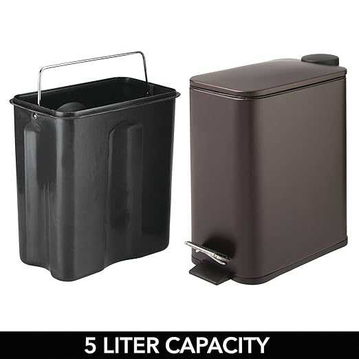 mDesign Rectangular Pedal Bin – 5 L Metal Waste Bin with Pedal Lid and Plastic Bucket Insert – Household Rubbish Bin for Bathroom Kitchen and Office – Bronze